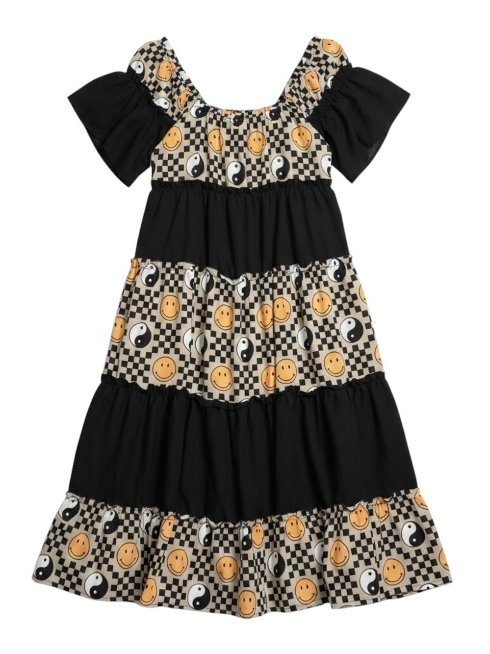 Dressed in LaLa Smiley Face Yin Yang Checker Tiered Midi Dress Size Small
